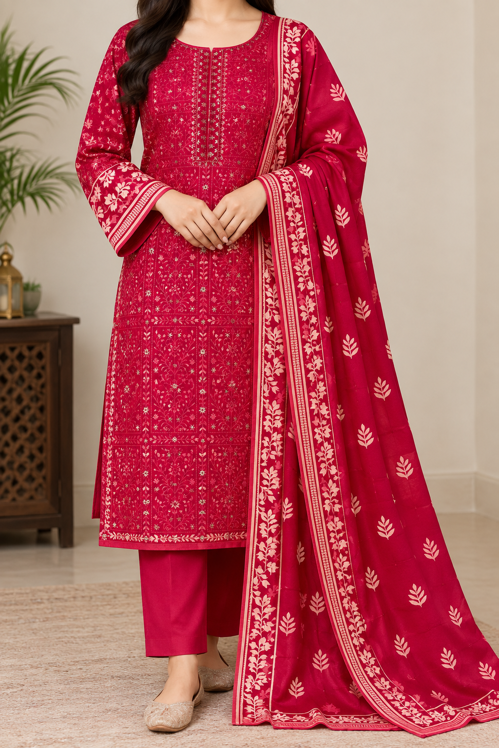Premium Dhanak Embroidered | Unstitched 3-Piece Suit | Dhanak Printed Shawl